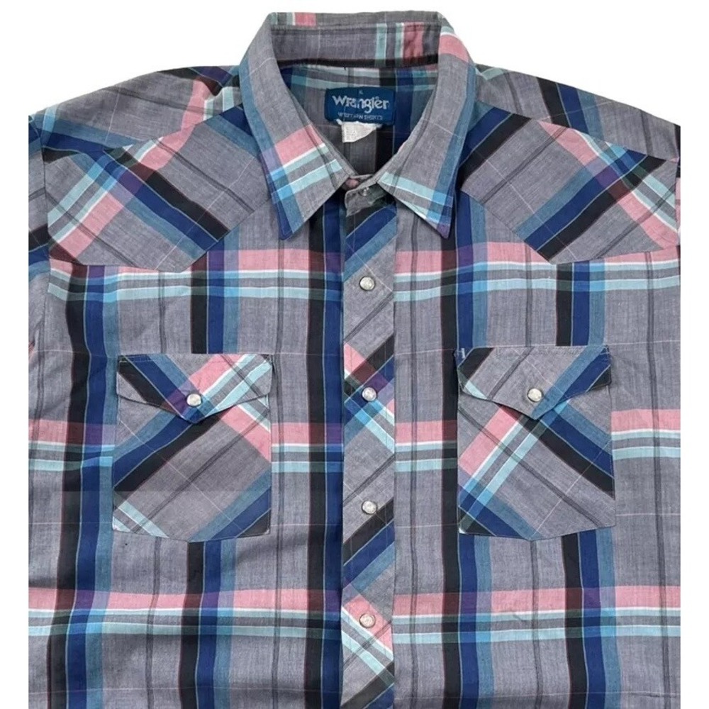 Vintage Wrangler Shirt XL Men Blueโ Gray Plaid Pearl Snaps Cowboy Western